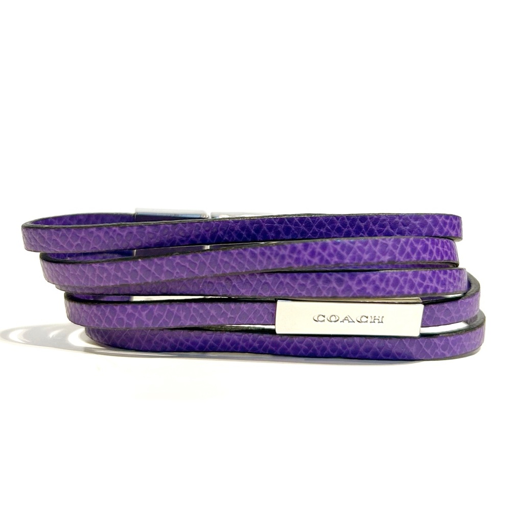 Coach Purple Leather Snakeskin Fabric Wrap Bracelet Silver Tone Metal Clasp Logo
